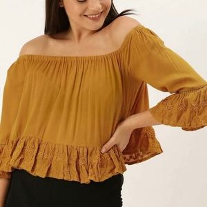 Rust Orange Off Shoulder Crop Top with Bell Sleeve
